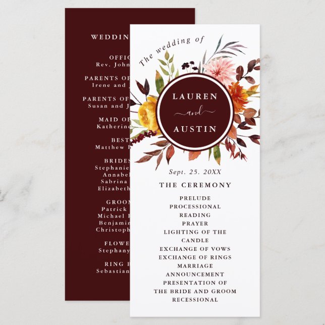 Autumn Garden Burgundy Watercolor Wedding  Program Programme (Front/Back)