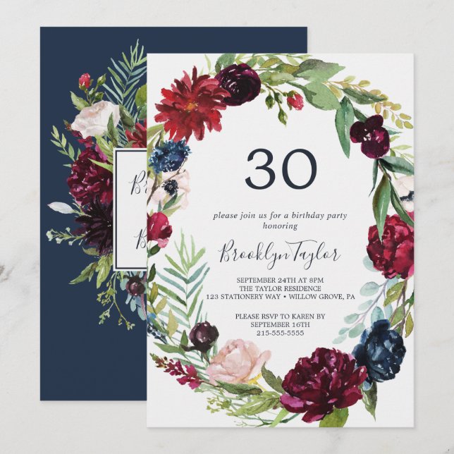 Autumn Garden | Burgundy Wreath 30th Birthday Invitation (Front/Back)