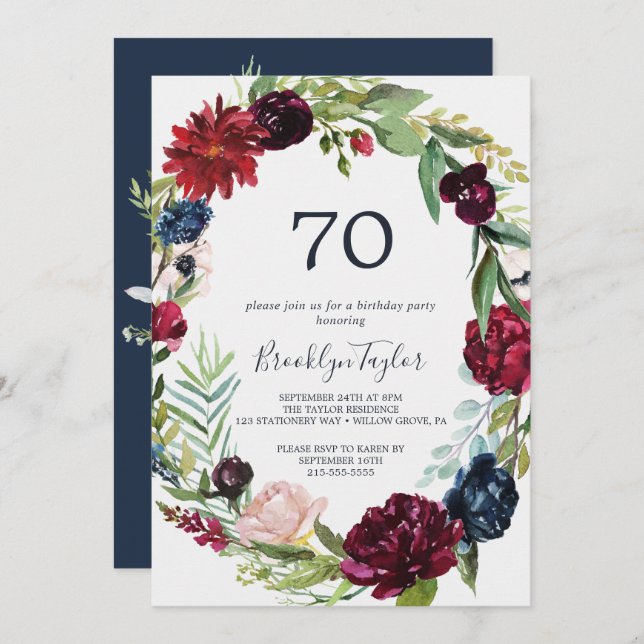 Autumn Garden | Burgundy Wreath 70th Birthday Invitation (Front/Back)