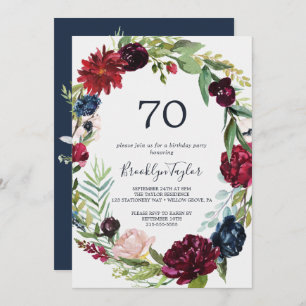 Autumn Garden   Burgundy Wreath 70th Birthday Invitation