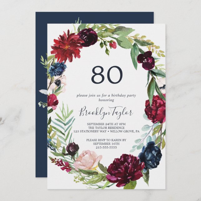 Autumn Garden | Burgundy Wreath 80th Birthday Invitation (Front/Back)