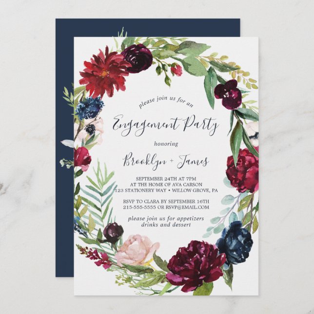 Autumn Garden | Burgundy Wreath Engagement Party Invitation (Front/Back)
