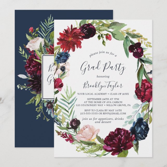 Autumn Garden | Burgundy Wreath Graduation Party Invitation (Front/Back)