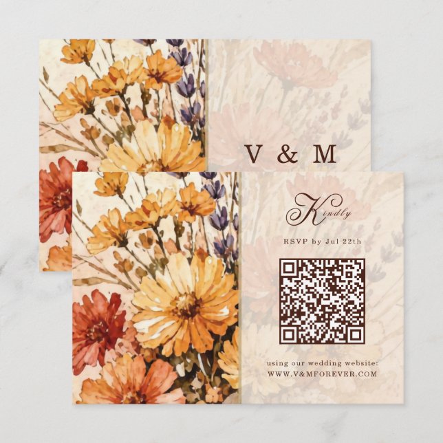 Autumn Garden in Bloom Wedding QR code RSVP Card (Front/Back)