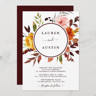 Autumn Garden Marsala Watercolor Wedding  Invitation