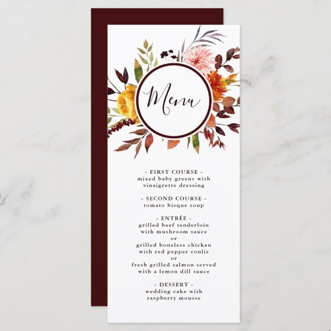 Autumn Garden Marsala Watercolor Wedding  Menu (Front/Back)
