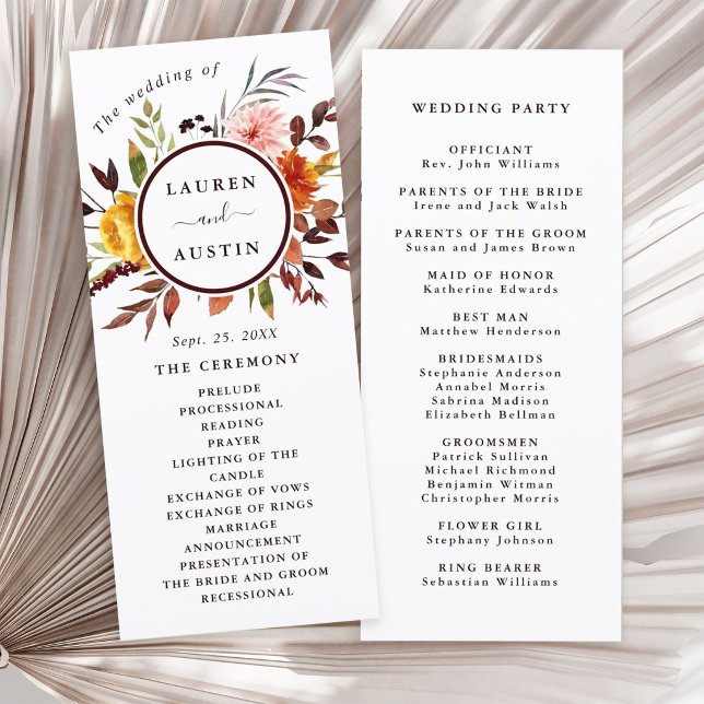Autumn Garden Marsala Watercolor Wedding Programme (Front & Back)