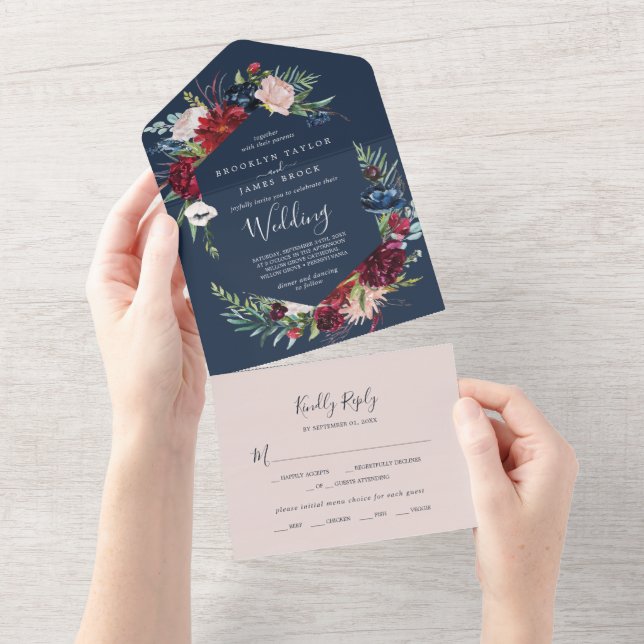 Autumn Garden | Navy Blue Wedding All In One Invitation (Tearaway)