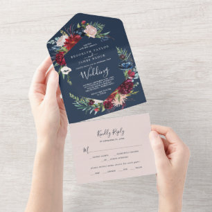 Autumn Garden   Navy Blue Wedding All In One Invitation