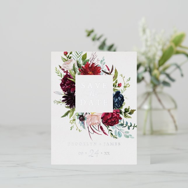 Autumn Garden | Silver Foil Wedding Save the Date Foil Invitation Postcard (Standing Front)