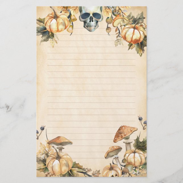 Autumn Garden with Skull and Pumpkins Lined Stationery (Front)