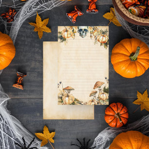 Autumn Garden with Skull and Pumpkins Lined Stationery
