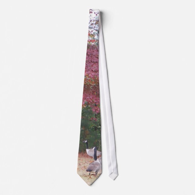 Autumn Geese with Red and Orange Fall Leaves Tie (Front)