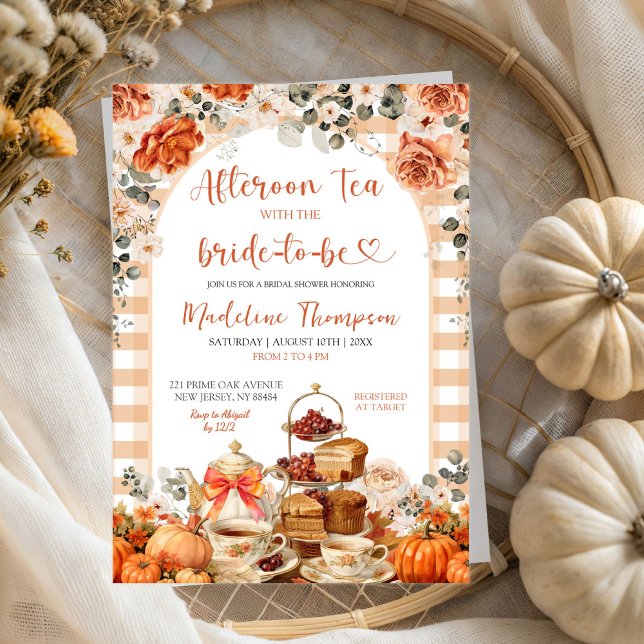 Autumn Gingham Pumpkin Tea Party Bridal Shower Invitation (Creator Uploaded)