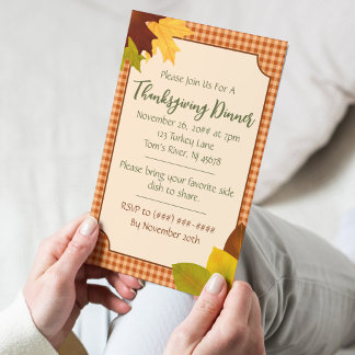 Autumn Gingham Thanksgiving Dinner Invitation Postcard