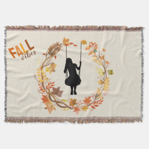 Autumn Girl on Swing Graphic _Fall Leaf Throw Blanket
