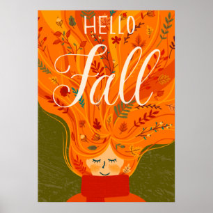 Autumn Girl Red Hair, leaves Poster
