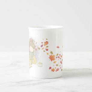 Autumn Girl With Flying Leaves Bone China Mug