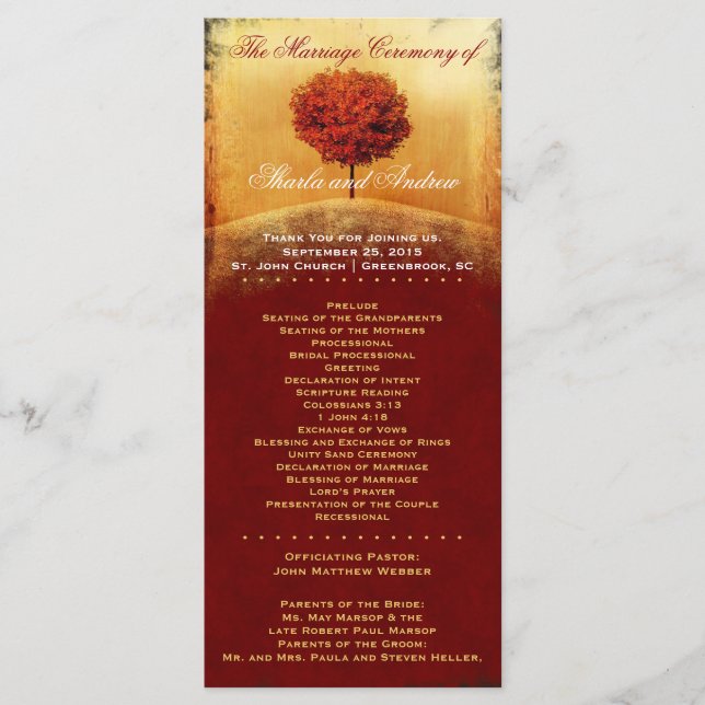 Autumn Glory Red Tree Wedding Program Programme (Front)