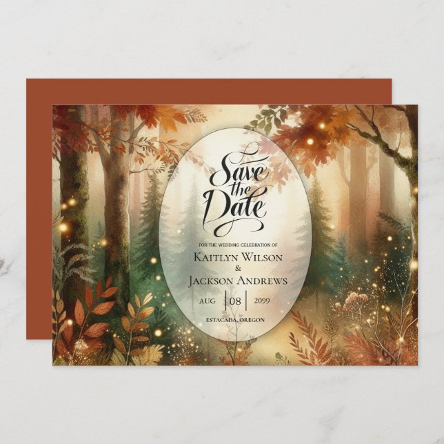 Autumn Glow in the Enchanted Forest Wedding Save The Date (Front/Back)