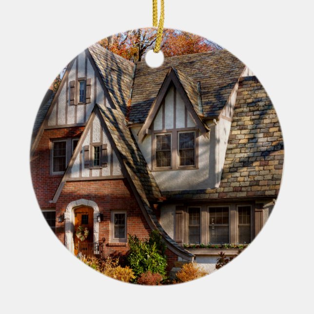 Autumn - Gnome home Ceramic Tree Decoration (Front)