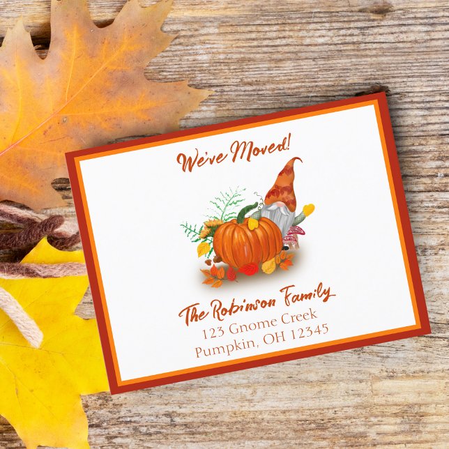 Autumn Gnome With Pumpkin We've Moved Announcement Postcard (Add whimsical autumn magic to your move with our charming gnome.)