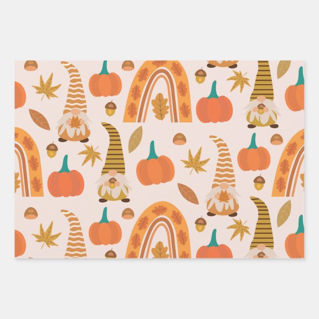 Autumn Gnomes with Rainbow and Fall Leaves Wrapping Paper Sheet (Front)