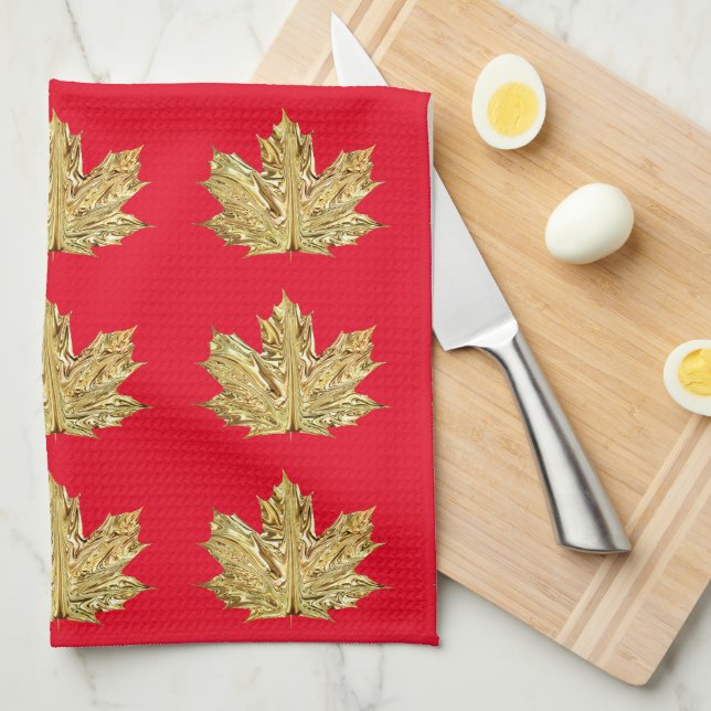 Autumn Gold and red maple leaf fall pattern Tea Towel (Quarter Fold)