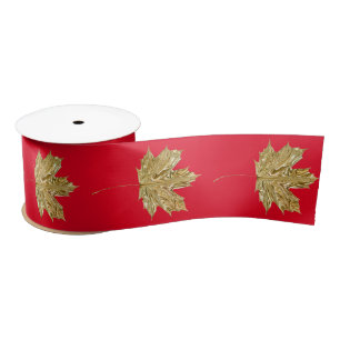 Autumn Gold and red maple leaves fall Satin Ribbon