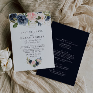 Autumn Gold Blue Pink Floral Back & Front Wedding Invitation