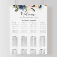 Autumn Gold Blue Pink Floral Wedding Seating Chart
