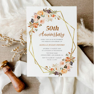 autumn gold blush floral 50th wedding anniversary invitation