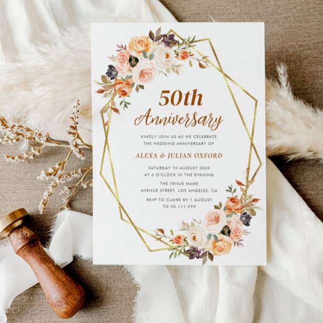 autumn gold blush floral 50th wedding anniversary invitation (Creator Uploaded)