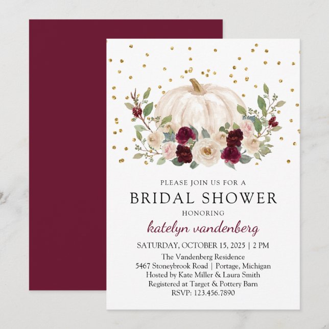 Autumn Gold Floral Burgundy White Bridal Shower Invitation (Front/Back)