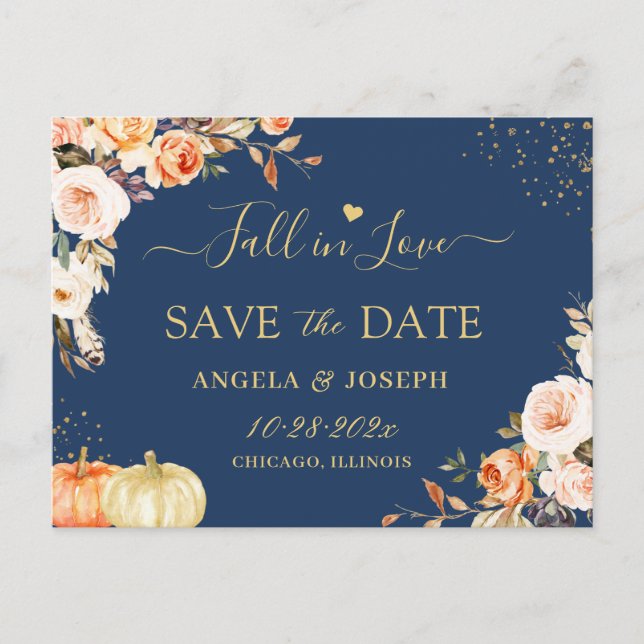 Autumn Gold Floral Evening Wedding Save the Date Postcard (Front)