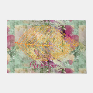 Autumn Gold Leaf Decoupage Green Pink Welcome Doormat
