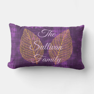 Autumn Gold Leaf on Violet Purple Satin  Lumbar Cushion