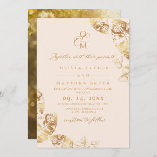 Autumn Gold Leafs Botanical Wedding Invitation