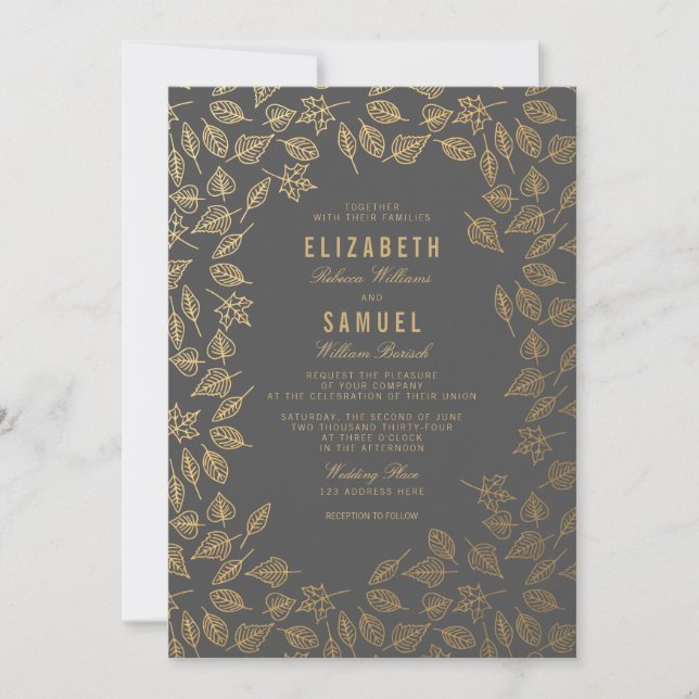 Autumn Gold Leaves Grey Wedding Invitation (Front)