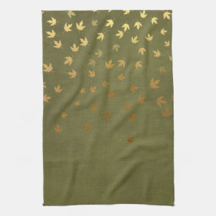 Autumn Gold Leaves Pattern Tea Towel