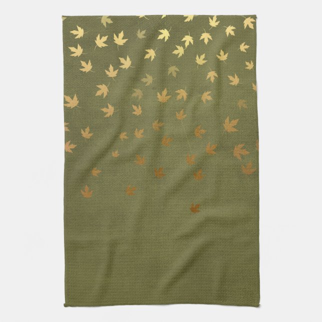 Autumn Gold Leaves Pattern Tea Towel (Vertical)