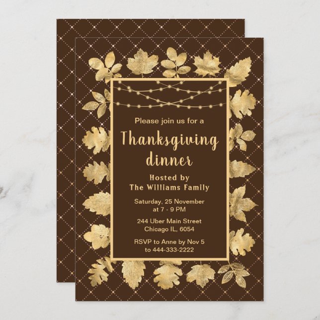 Autumn Gold Leaves Thanksgiving Dinner Brown Invitation (Front/Back)