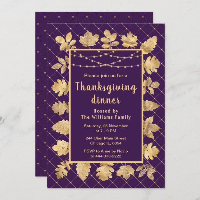 Autumn Gold Leaves Thanksgiving Dinner Purple Invitation (Front/Back)