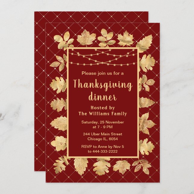 Autumn Gold Leaves Thanksgiving Dinner Red Invitation (Front/Back)