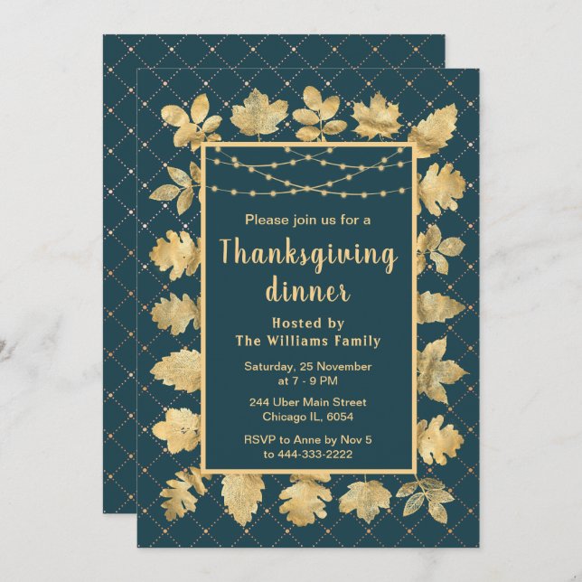 Autumn Gold Leaves Thanksgiving Dinner Teal Invitation (Front/Back)