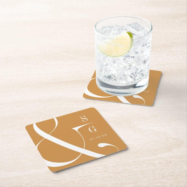 Autumn gold modern minimalist couples monogram square paper coaster (Insitu)