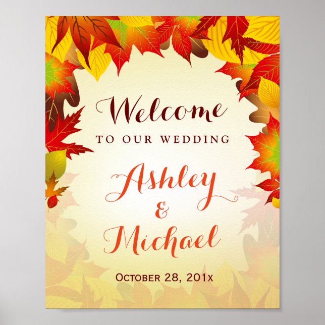 Autumn Gold Red Leaves Fall Wedding Reception Sign (Front)