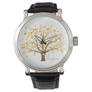 Autumn Gold Tree Vintage Leather Strap Watch