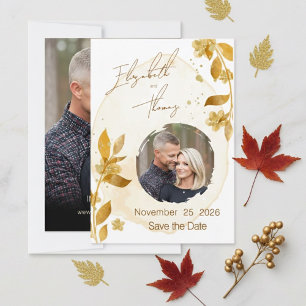 Autumn Golden Floral Script Photo Save the Date Invitation