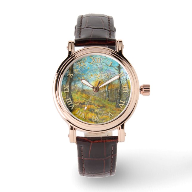 Autumn golden in an oak grove painting watercolor watch (Front)